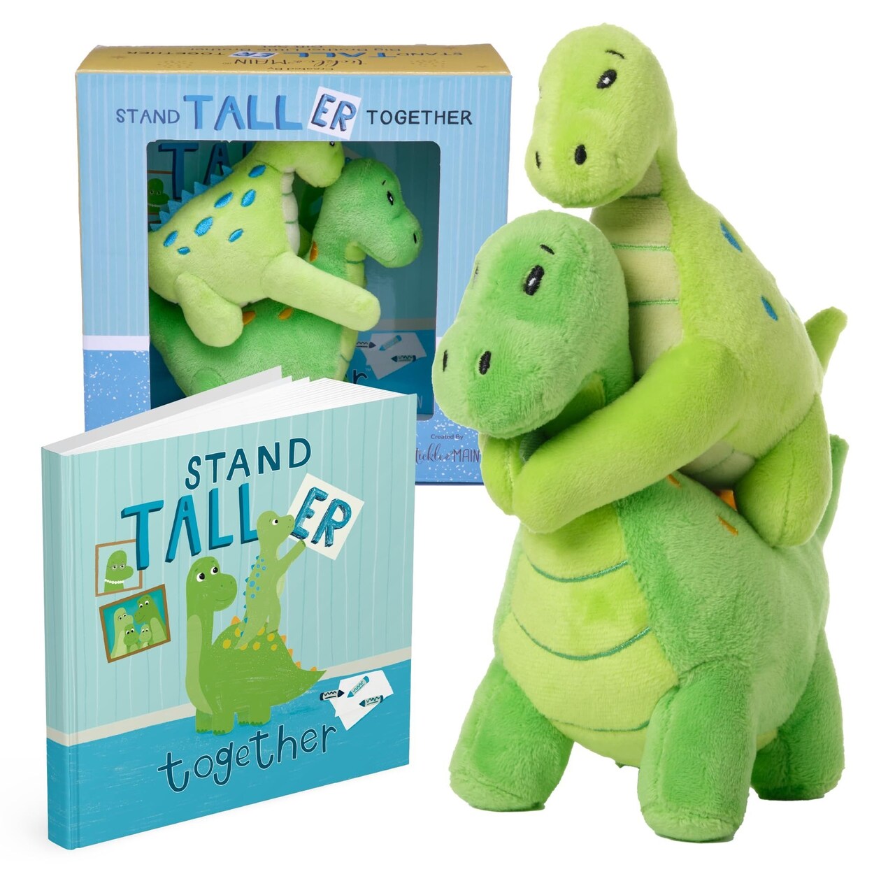 Tickle & Main Big Brother Gift Dinosaur Stuffed Animal Set - 3-Piece, Green, Ages 2+ - Sibling Matching Plush Dinosaurs with Stand Taller Together Book - Sibling Gifts
